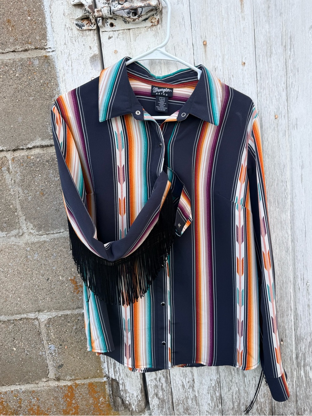 Wrangler Striped Western Fringe Shirt in Navy, Teal, Orange, Pink, Cream